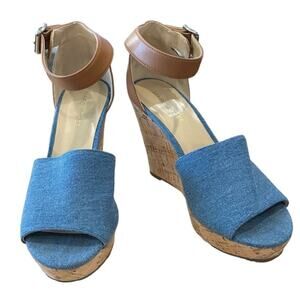 Marc Fisher cork wedges medium blue denim and leather uppers,‎ size 8